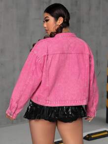 SHEIN ICON 大尺碼下肩鈕扣牛仔夾克 - 玫紅色 - 查看 2
