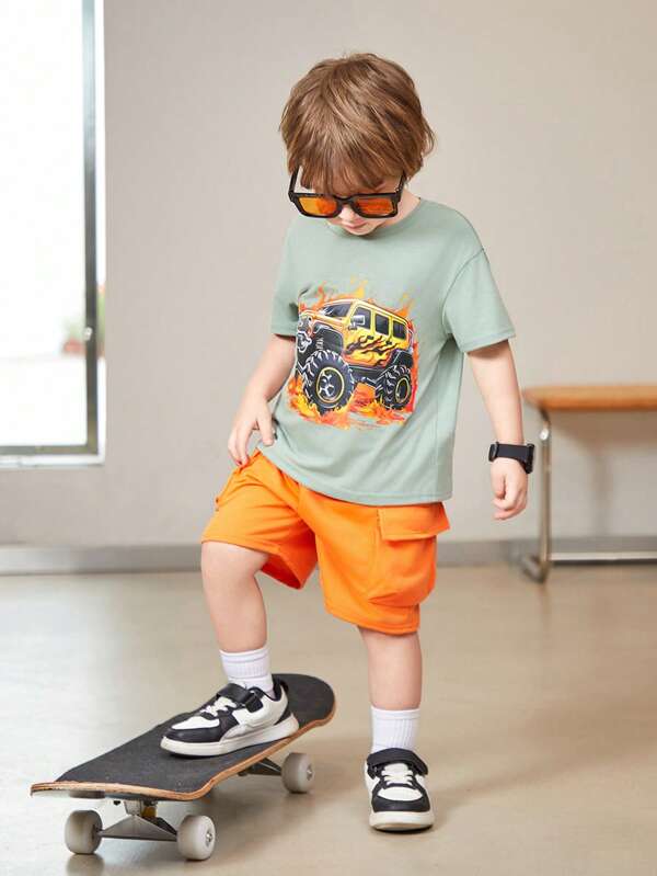 SHEIN 2pcs/Set Young Boys' Casual, Comfortable, Fashionable, Simple, Versatile, Soft, Comfortable, Cool, Street, Big Pattern, Breathable Short-Sleeved T-Shirt And Contrasting, Breathable, Comfortable Shorts, Suitable For Spring And Summer