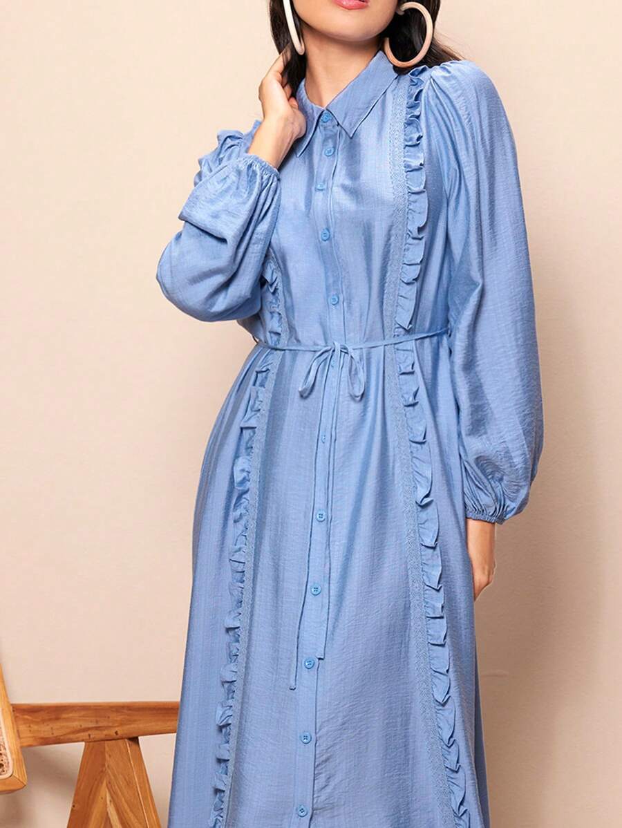Seusyu Solid Color Ruffle Trim Decorated Lantern Sleeve Dress - Blue - View 1