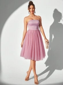 SHEIN Belle Elegant Strapless Mesh & Rhinestone Patchwork A-Line Cocktail Party Dress - Dusty Pink - View 3