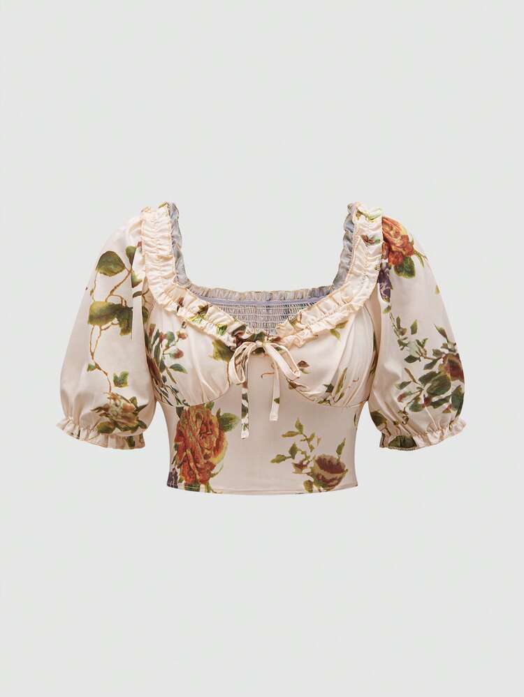 Floral Print Frill Trim Decor Band Collar Shirt With Puff Sleeves