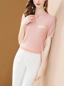 Top de manga corta de punto texturizado color rosa pálido para mujer - Rosa - Ver 3
