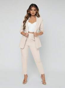 RueChic Shawl Collar Open Front Blazer & Suit Pants - Beige - View 3