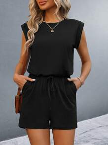 Calvaya Solid Color Sleeveless Cinching Waist Jumpsuit - Black - View 1