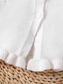 SHEIN Vintaside Kids 女嬰針織衫，長袖圓領毛衣外套，溫暖舒適，優雅時尚，適合日常穿著、休閒度假，白色帶褶邊袖子，適合秋冬季節穿著室內外度假 - 白色 - 查看 3