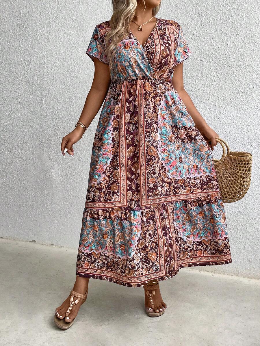 SHEIN Holidaya Kích thước lớn In hoa Cổ chữ V Kẹp chặt Eo tay cánh Đầm - Nhiều màu - Xem 1