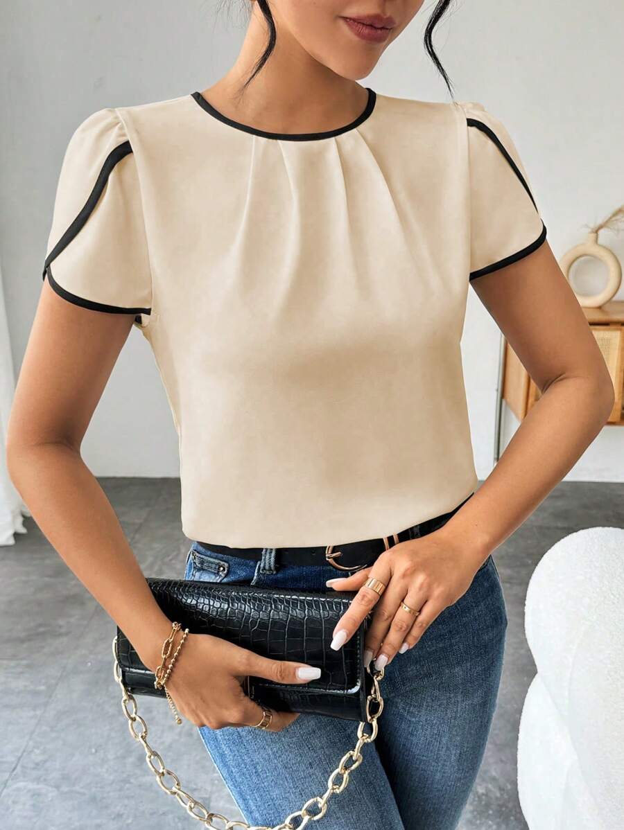 Ellegaria. Ladies' Color-Block Casual Shirt With Decorative Edges - Apricot - View 1