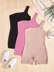 SHEIN 少女款3入組針織單色單肩連身褲，休閒裝 - 西瓜粉 - 查看 1