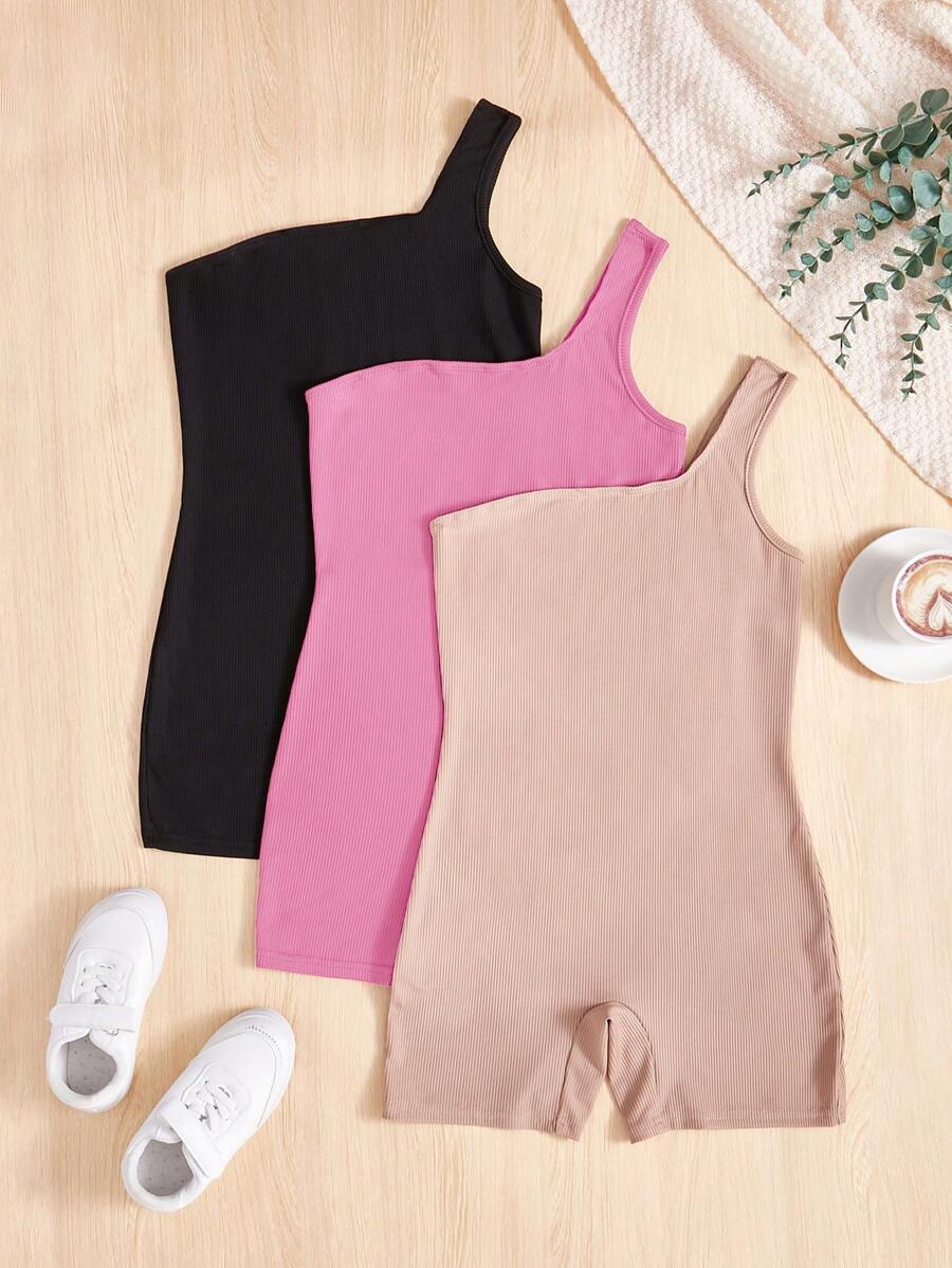 SHEIN 少女款3入組針織單色單肩連身褲，休閒裝 - 西瓜粉 - 查看 1