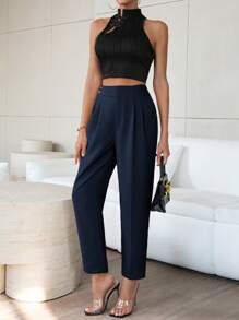 SHEIN Privé Women Pants Tombol Zip Plicated Plain Anggun - Navy Blue - View 6