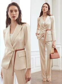 MOTF PREMIUM 編織女款尖領翻蓋細節束腰西裝外套