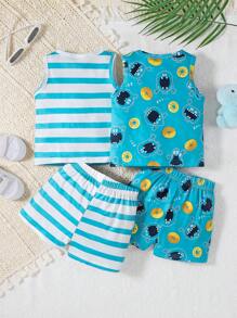 Baby Boy Cartoon Monster Print Top And Shorts Set - Multicolor - View 2