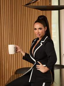 BizChic Women's Contrast Edge Double Breasted Suit - Black and White - View 3
