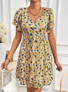 SHEIN Frenchy Đầm nữ cổ chữ V tay ngắn xếp ly in hoa, đầm màu pastel, đầm chiffon vàng hoa tươi tắn thanh lịch, đầm vàng, đầm màu sáng, đầm mùa hè, đầm dự tiệc trà, đầm màu trơn tươi tắn cho kỳ nghỉ, đầm ôm thanh lịch họa tiết hoa đi biển - Nhiều màu - Xem 4