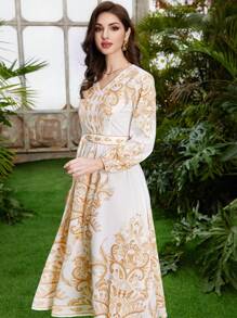 Mulvari 女士波斯利印花燈籠袖連衣裙，V領 - 金色 - 查看 6