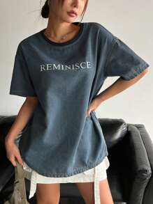 DAZY 字母印花垂肩短袖牛仔上衣 - 藍色 - 查看 4