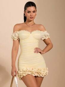 SHEIN BAE Mùa hè màu trơn Ruffle Hem & Off Vai Ruched Bodycon Dress với đồ trang trí diềm - Màu be - Xem 5