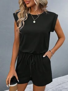 Calvaya Solid Color Sleeveless Cinching Waist Jumpsuit - Black - View 6