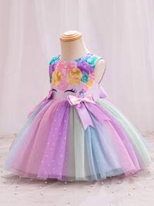 SHEIN Glamorique Kids 梦幻花朵渐变波点网纱薄纱幼儿正式礼服，特殊场合派对礼服 - 粉色 - 查看 3