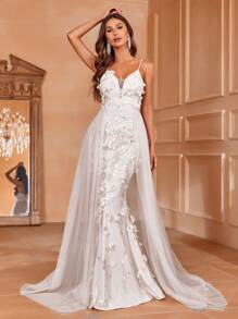 Faeriesty Floral Applique Mesh Overlay Cami Dress - White - View 1