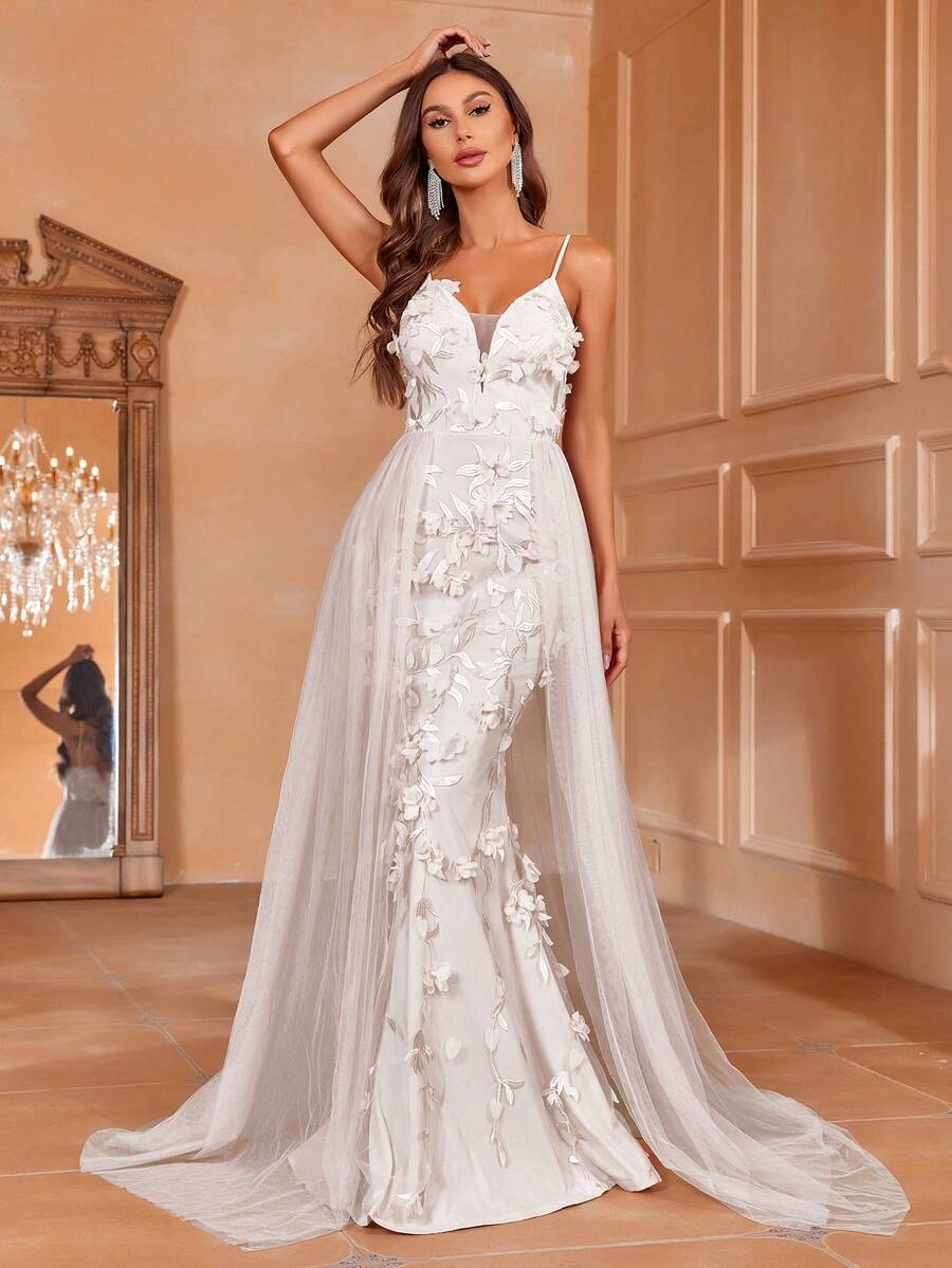 Faeriesty Floral Applique Mesh Overlay Cami Dress - White - View 1