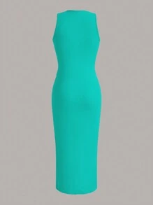 SHEIN EZwear Solid Color Knit Bodycon Sleeveless Dress - Cadet Blue - View 2