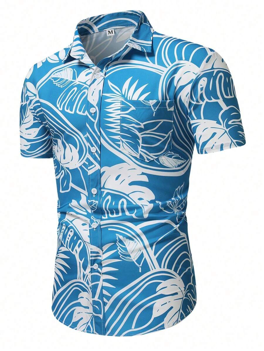 Men's Short Sleeve Floral Printed Shirt - Blue and White - View 1