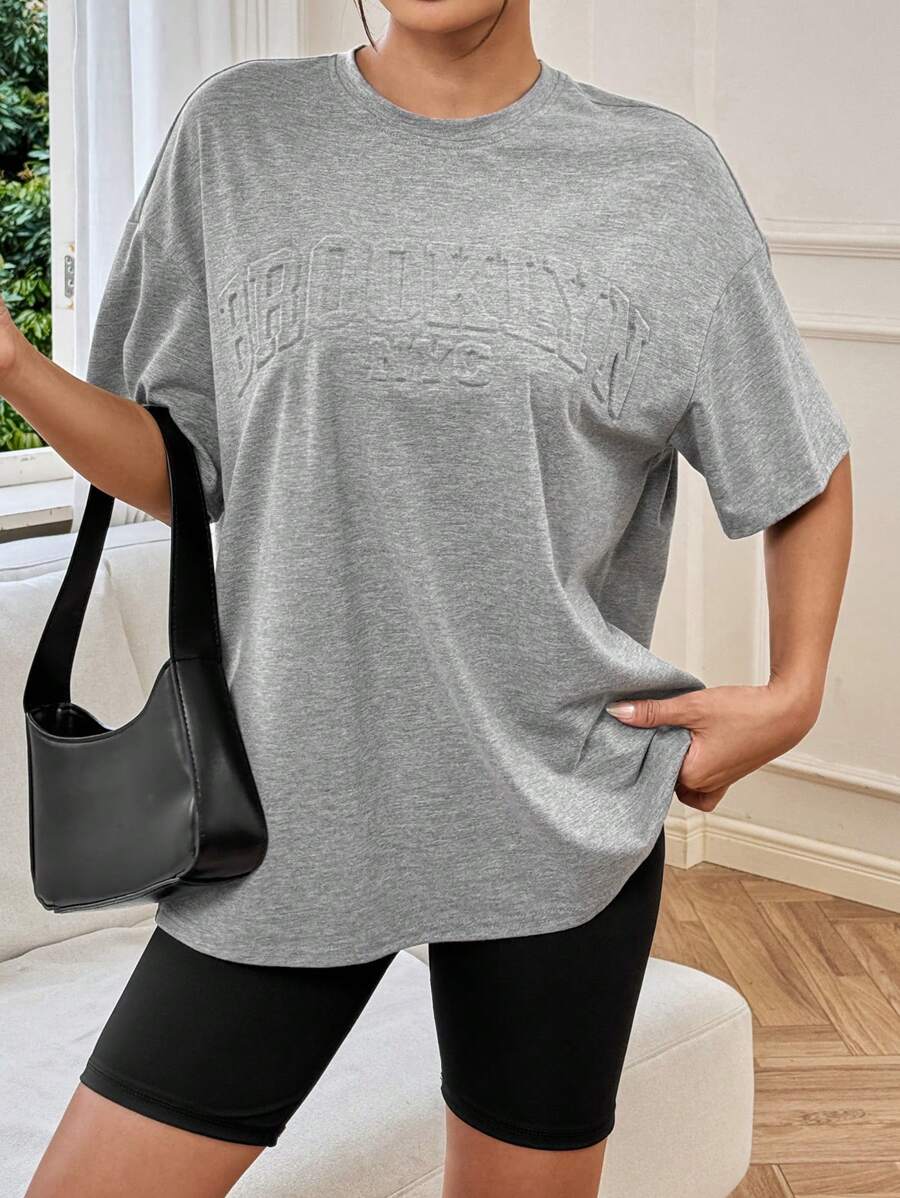 SHEIN EZwear Letter Embossed Drop Shoulder Short Sleeve T-Shirt - Grey - View 1