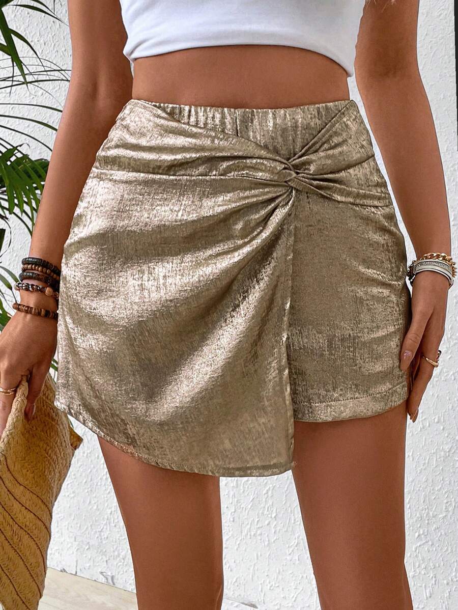 Chiquease Metallic Twisted Wrap Mini Skirt - Champagne - View 1