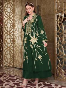 Al Najma Vestido Largo Elegante Y Holgado Para Mujer Con Estampado De Flores Doradas