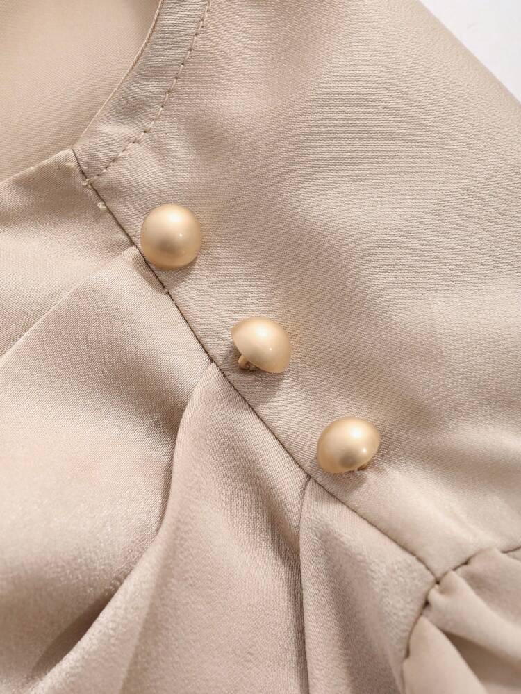 Women's Satin Shirt With Asymmetrical Collar And Pleated Puff Sleeve ,New Year Eve Summer