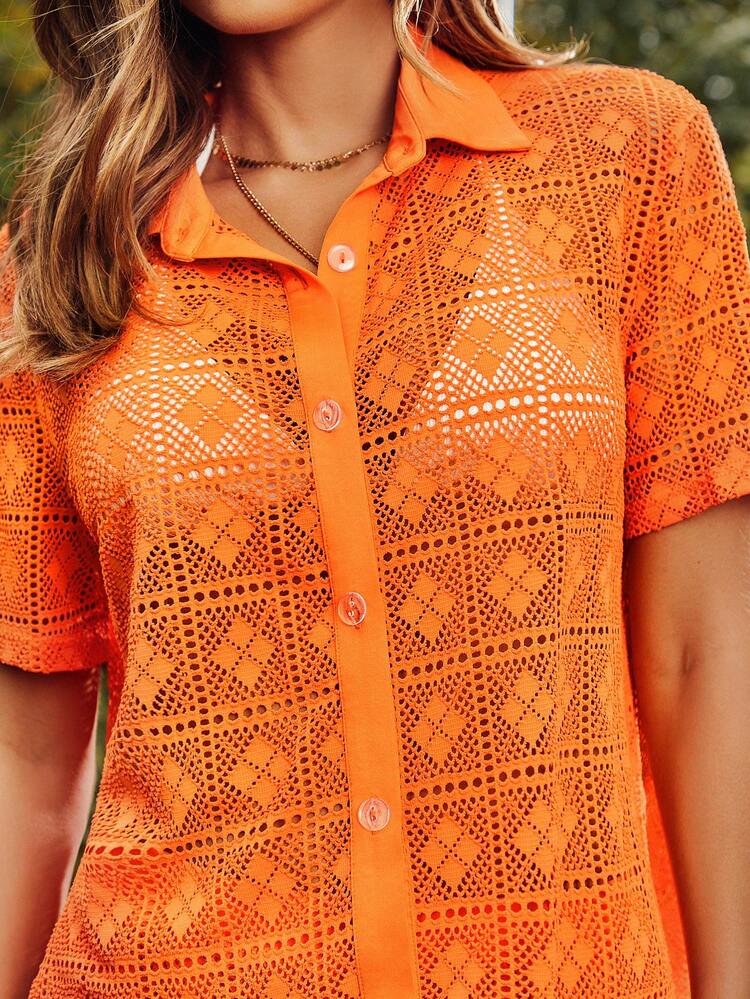 Women's Beach Vacation Casual Perspective Shirt With Hollow Out Design And Button Front
