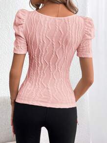 SHEIN Privé Textured Square Neck Short Sleeve Casual T-Shirt - Baby Pink - View 2