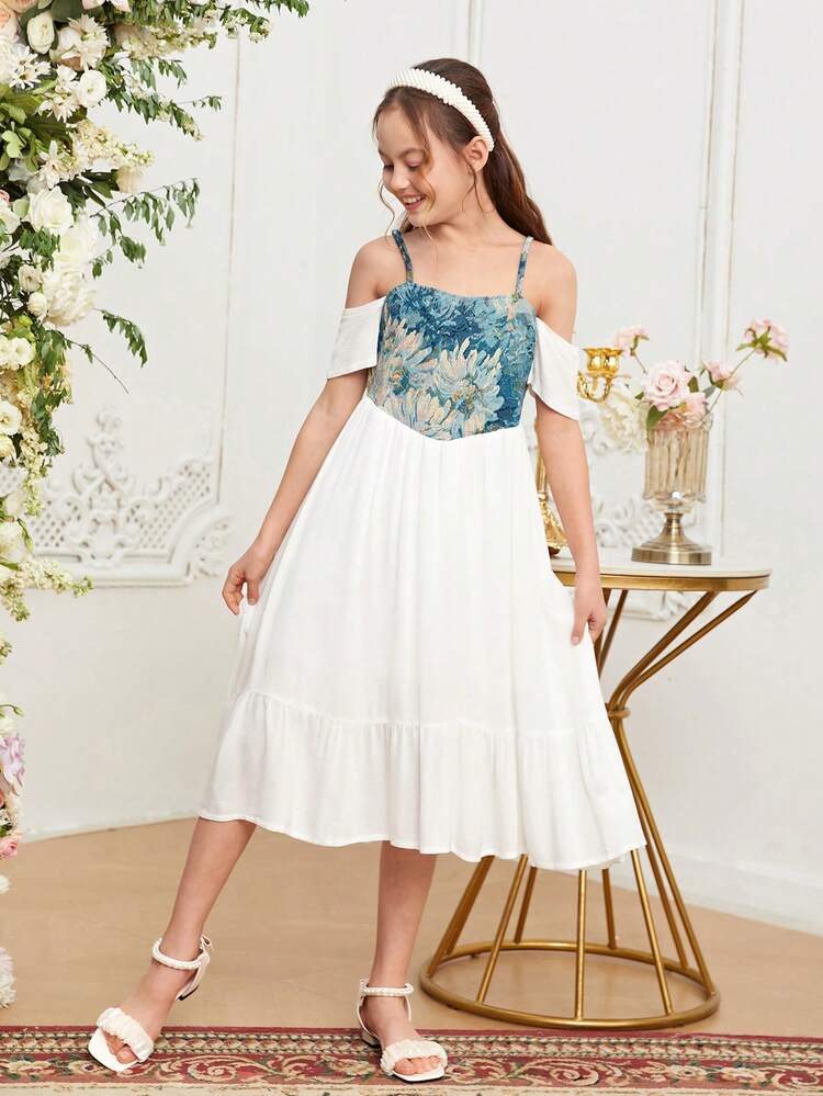 Tween Girls' Off-Shoulder Floral Jacquard Short Sleeve Dress