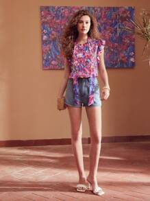 MOTF PREMIUM ALLOVER PRINT TIE NECK RUFFLE ARMHOLE BLOUSE