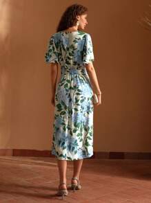 MOTF PREMIUM Lanh In hoa Cổ chữ V Tay áo hình bướm Đầm - Nhiều màu - Xem 8