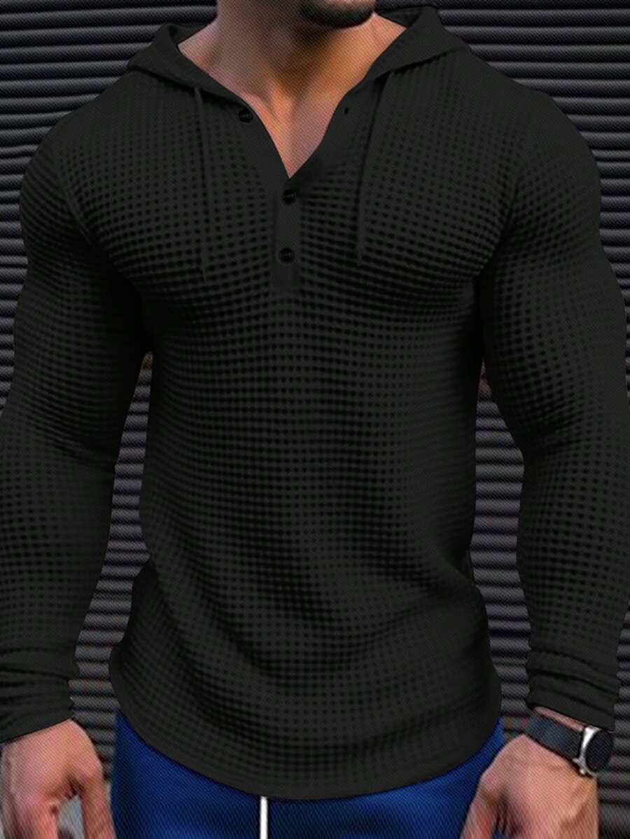 EGENSIO 男士宽松华夫格针织连帽抽绳T恤，秋季长袖上衣 - 黑色 - 查看 1