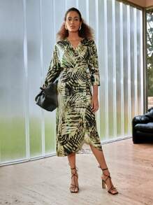 MOTF PREMIUM TROPICAL PRINT V-NECK WRAP KNOT SIDE DRESS - Multicolor - View 2