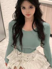 DAZY 女士蕾丝拼接圆领长袖T恤，秋季女装 - 橄欖綠 - 查看 10