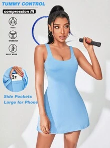CourtClass 女士純色無袖運動裙，女子網球服裝 - 藍色 - 查看 1