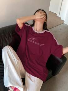 DAZY 拼色标语印花短袖 T 恤 振奋人心 生活是为了享受，我们应该充分利用每一刻，珍惜给我们带来快乐的人和经历，抓住每一天，图案 T 恤 - 酒紅色 - 查看 3