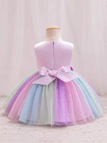 SHEIN Glamorique Kids 梦幻花朵渐变波点网纱薄纱幼儿正式礼服，特殊场合派对礼服 - 粉色 - 查看 2