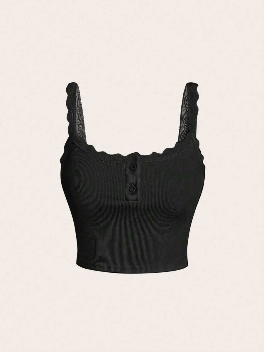 Sweetra 女士簡單純色鈕扣裝飾蕾絲修邊背心上衣 - 黑色 - 查看 1