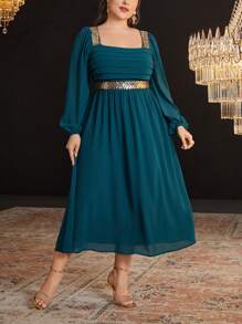 Modelyn Plus Size Sequin Trimmed Ribbon Patchwork Square Collar Pleated Dress