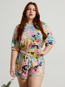 Earth Day Fanverse Picks Plus Cartoon Graphic Drop Shoulder Top & Shorts Set Short Sets Summer