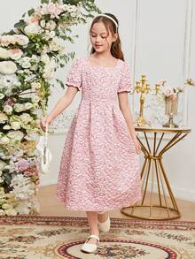 SHEIN 青少女優雅華麗的提花泡泡袖裙 - 粉色 - 查看 3