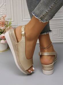 夏季新款时尚中年妈妈金色露趾坡跟厚底凉鞋