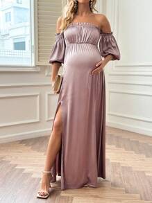Robe D'été Moderne De Maternité De Couleur Unie Avec Coupe Épaule Dénudée Et Fente Latérale