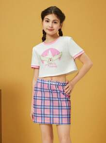 HARRY POTTER X SHEIN Tween Girl Short Sleeve Ringer Hedwig T-Shirt And Plaid Skirt In College Style - Pink - View 3