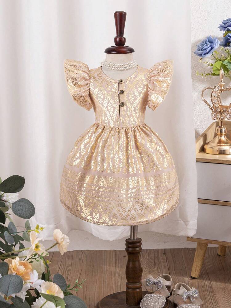 Baby Girl Gorgeous Short Sleeve Dress With Gold Foil Floral Print And Ruffled Hem